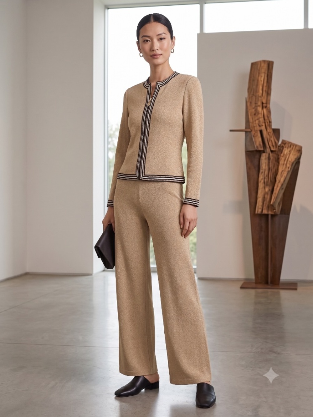 Vintage ST. JOHN Collection Marie Gray Santana Knit Pant Suit Beige